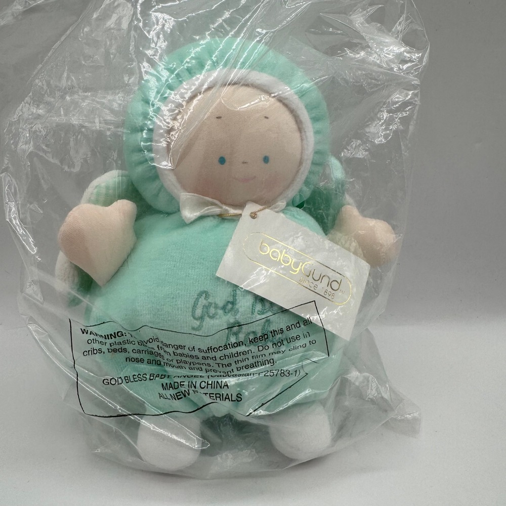 BabyGund God Bless Baby Angel New 8in Mint Green Plush Religious Doll Baby Gund